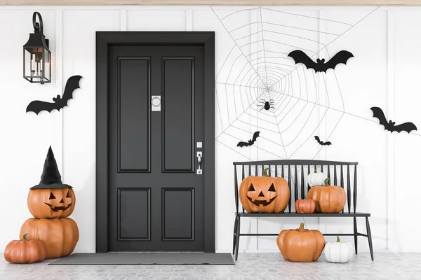 Carved pumpkins, bats and spiders near black front door of modern house with white walls and black bench. Concept of halloween. 3d rendering