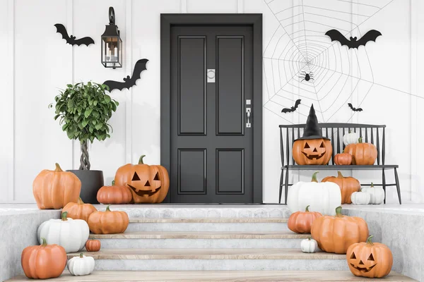 Carved Pumpkins Bats Spiders Stairs Bench Modern House Black Front — Stock Photo, Image