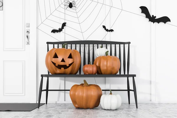 Carved Pumpkins Bats Spiders Black Bench White Front Door Modern — Stock Photo, Image