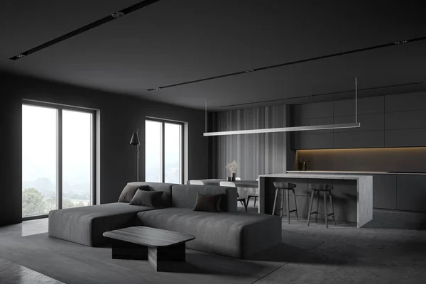 회색과 콘크리트 테이블과 근처의 소파등을 배경으로 렌더링 — 스톡 사진