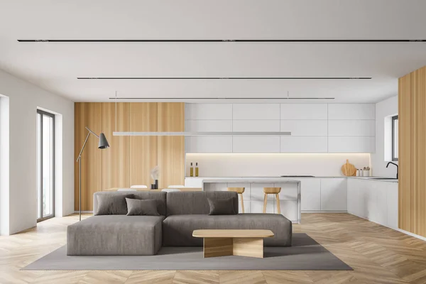 室内的现代客厅 有白色和木制的墙壁 木制的地板 舒适的沙发靠近咖啡桌和厨房的背景 3D渲染 — 图库照片