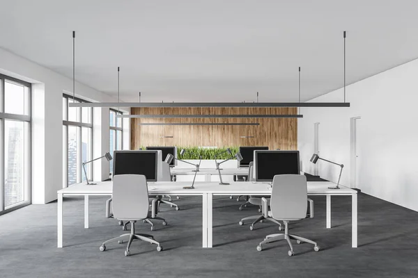 Interior Modern Open Space Office White Wooden Walls Concrete Floor — Stock Photo, Image