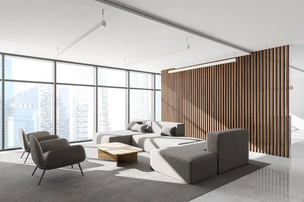现代化办公室的拐角处 有木墙 水泥地板 灰色沙发 扶手椅和咖啡桌 3D渲染 — 图库照片