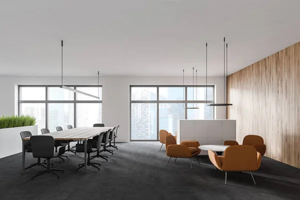 Interior of modern meeting room with white and wooden walls, concrete floor, long meeting table and lounge area. 3d rendering