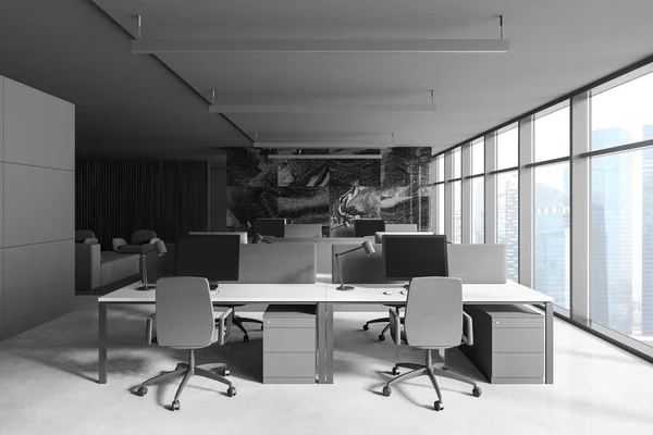 Interieur Van Moderne Open Ruimte Kantoor Met Panoramisch Raam Zwarte — Stockfoto