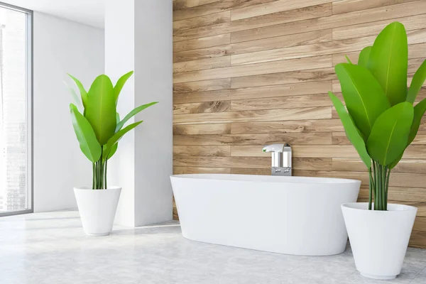 Ecke Des Modernen Badezimmers Mit Weißen Und Hölzernen Wänden Betonboden — Stockfoto