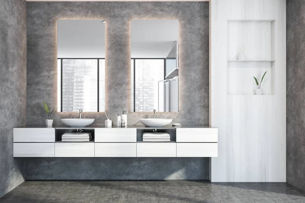 Interior Modern Bathroom White Concrete Walls Concrete Floor Double Sink — Stock Photo, Image