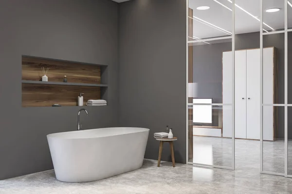 Ecke Des Modernen Badezimmers Mit Grauen Wänden Betonboden Und Komfortabler — Stockfoto