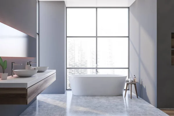 Interior Banheiro Moderno Com Paredes Cinza Piso Concreto Pia Dupla — Fotografia de Stock