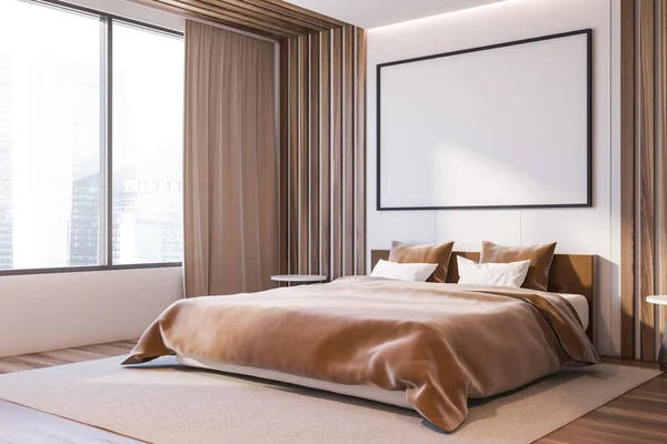 白と木製の壁 木製の床とベージュの毛布とキングサイズベッド付きのモダンなマスターベッドルームのコーナー 水平モックアップポスター 3Dレンダリング — ストック写真