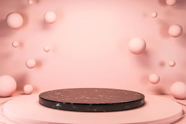 Stijlvolle Ronde Zwarte Marmeren Platform Voor Product Roze Kamer Met — Stockfoto