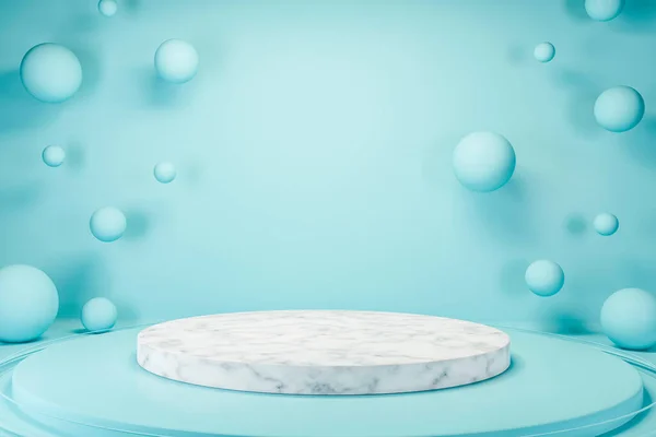 Stylowa Okrągła Biała Marmurowa Platforma Dla Twojego Produktu Niebieskim Pomieszczeniu — Zdjęcie stockowe