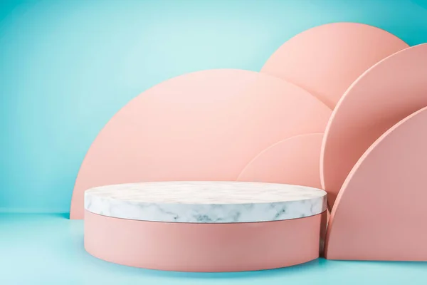青とピンクの部屋であなたの製品のためのスタイリッシュなラウンドピンクと白の大理石のプラットフォーム 広告の概念 3Dレンダリングモックアップ — ストック写真