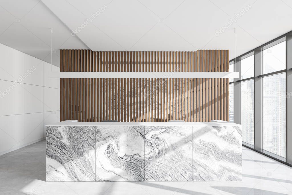 Interior of stylish office with wooden walls, concrete floor, marble reception desk and panoramic window. 3d rendering