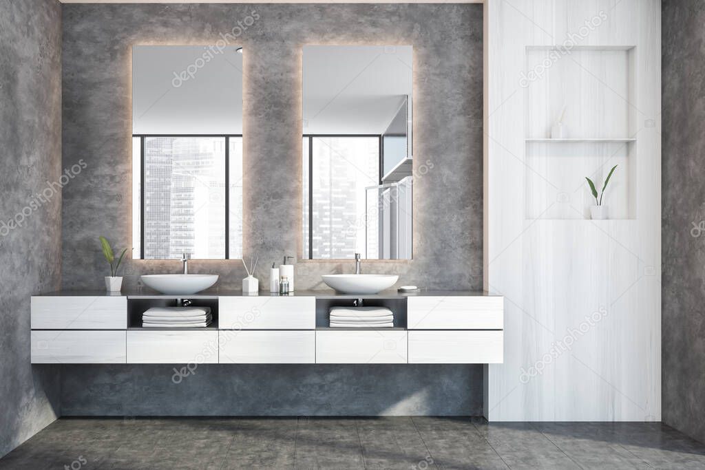 Interior of modern bathroom with white and concrete walls, concrete floor and double sink with two vertical mirrors. 3d rendering