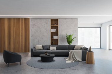 Çağdaş oturma odasının içinde beton ve ahşap duvarlar, siyah koltuk ve kanepe. 3d oluşturma