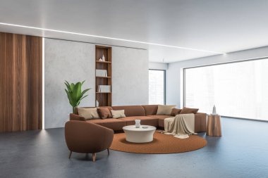 Beton ve ahşap duvarlı panoramik oturma odasının köşesi, kahverengi koltuk ve kanepe. 3d oluşturma