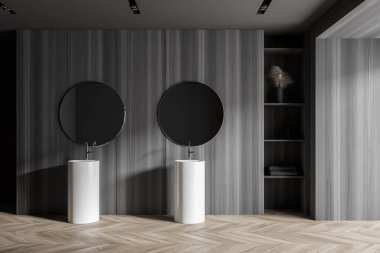 Koyu ahşap duvarları, ahşap zemini ve iki yuvarlak aynalı çift lavabosu olan şık bir banyo. 3d oluşturma