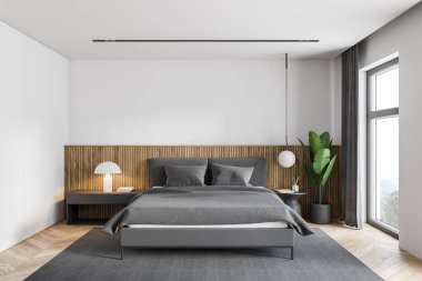 Beyaz ve ahşap duvarları, ahşap zemini ve rahat kral yatağı olan modern bir yatak odası. 3d oluşturma