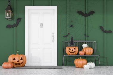 Modern evin beyaz, yeşil duvarlı ve siyah banklı ön kapısının yakınında oyulmuş balkabakları, yarasalar ve örümcekler. Cadılar Bayramı kavramı. 3d oluşturma