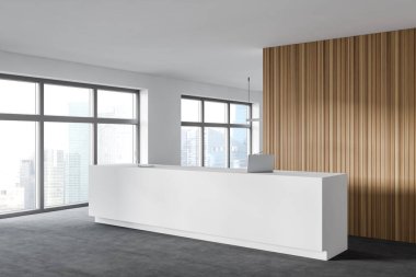 Modern ofis bekleme odasının köşesinde beyaz ve ahşap duvarlar beton zemin ve beyaz resepsiyon masası. 3d oluşturma