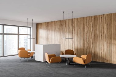 Modern ofis bekleme odasının köşesinde beyaz ve ahşap duvarlar, beton zemin ve yuvarlak masaların yanında turuncu koltuklar. 3d oluşturma