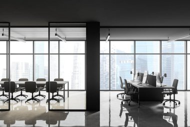 Panoramik pencereli, siyah mermer duvarlı ve sıra sıra bilgisayar tablolu modern açık uzay ofisi. Toplantı odası solda. 3d oluşturma