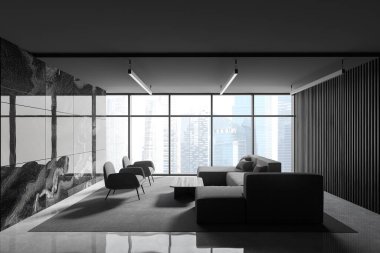 Panoramik bekleme odasının içinde siyah mermer duvarlar, rahat kanepe ve gri koltuklar var. 3d oluşturma