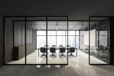 Karanlık ahşap ve siyah mermer duvarlı, cam kapılı ve uzun konferans masalı lüks ofis koridorunun içi. 3d oluşturma