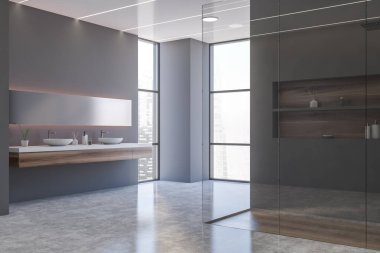 Gri duvarları, beton zemini, çift lavabosu ve duşu olan modern banyonun köşesi. 3d oluşturma