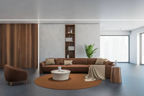 コンクリートと木製の壁 茶色のアームチェアとソファ付きのスタイリッシュなリビングルームのインテリア 3Dレンダリング — ストック写真