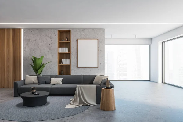 Interieur Eines Modernen Wohnzimmers Mit Beton Und Holzwänden Schwarzem Sofa — Stockfoto