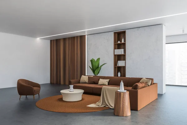 コンクリートと木製の壁 茶色のアームチェアとソファ付きのスタイリッシュなリビングルームのコーナー 3Dレンダリング — ストック写真
