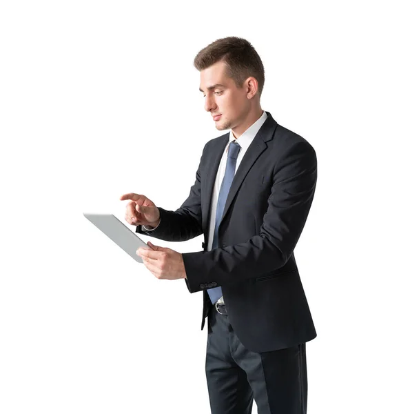 Isolated Portrait Serious Young European Businessman Using Tablet Computer Concept — Stock Photo, Image