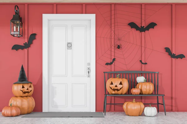 Carved pumpkins, bats and spiders near white front door of modern house with red walls and black bench. Concept of halloween. 3d rendering