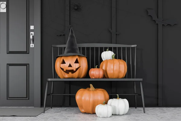 Carved Pumpkins Bats Spiders Black Bench Black Front Door Modern — Stock Photo, Image