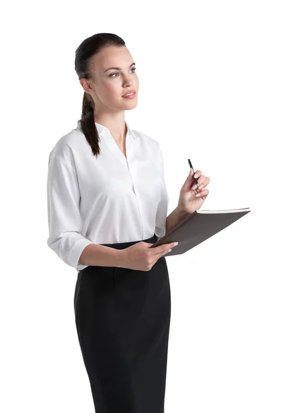 Retrato Aislado Una Joven Empresaria Seria Con Cuaderno Bolígrafo Concepto —  Fotos de Stock