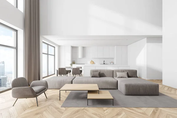 Interior Modern Living Room White Walls Wooden Floor Gray Armchair — Stock Photo, Image