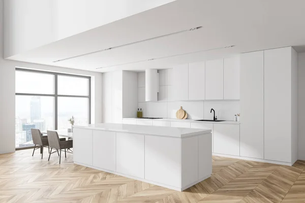 Corner of modern kitchen with white walls, wooden floor, white cabinets and bar with chairs. 3d rendering