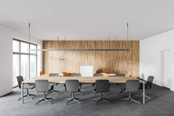 Interieur Van Moderne Vergaderzaal Met Witte Houten Muren Betonnen Vloer — Stockfoto
