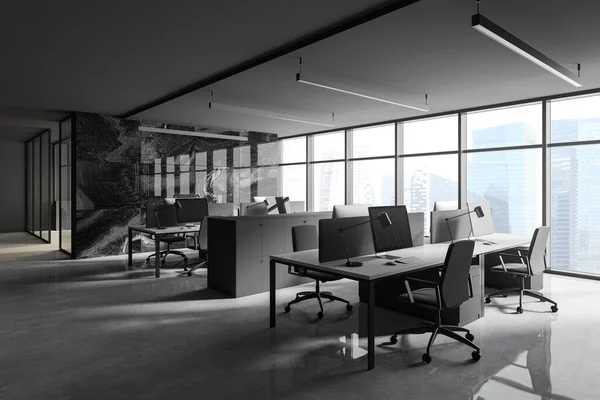 Corner Modern Open Space Office Panoramic Window Black Marble Walls — Stock Photo, Image