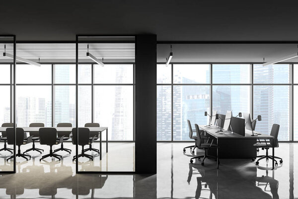 Inteiror of modern open space office with panoramic window, black marble walls and rows of computer tables. Meeting room to the left. 3d rendering
