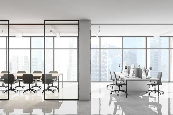 Interior of stylish open space office with panoramic window, white marble walls and rows of computer tables. Meeting room to the left. 3d rendering