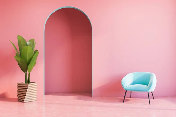 Interior Sala Estar Brilhante Com Paredes Cor Rosa Piso Poltrona — Fotografia de Stock