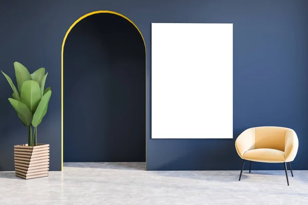 Interior Stylish Living Room Blue Walls Concrete Floor Beige Armchair — Stock Photo, Image