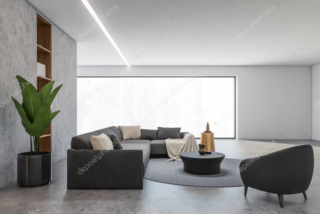 Interior of panoramic living room with concrete walls, black armchair and sofa. 3d rendering