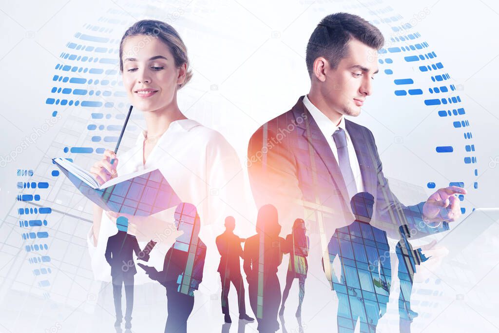 Businesswoman with notebook, businessman with tablet and their team with double exposure of world map hologram. Toned image