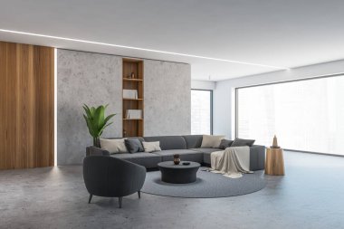 Beton ve ahşap duvarlı panoramik oturma odasının köşesi, siyah koltuk ve kanepe. 3d oluşturma