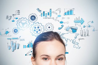 Beton duvarın yanında dikilen iş kadınının robot resmini yakın plan yap. Bu görüntünün elementleri NASA tarafından desteklenmektedir