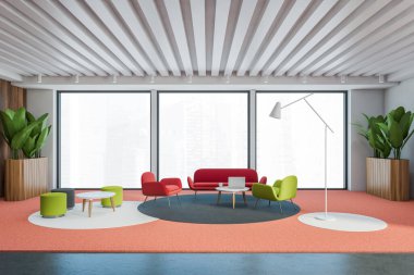 Panoramik oturma odasının içinde beyaz duvarlar, halı döşeme, kırmızı kanepe, koltuk ve kahve masaları var. 3d oluşturma